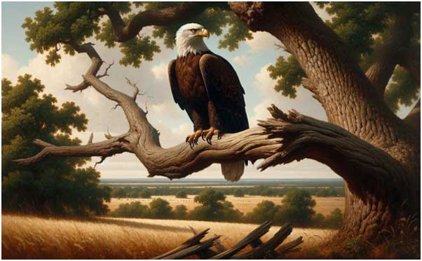 A painting of an eagle sitting on the branch of a tree.