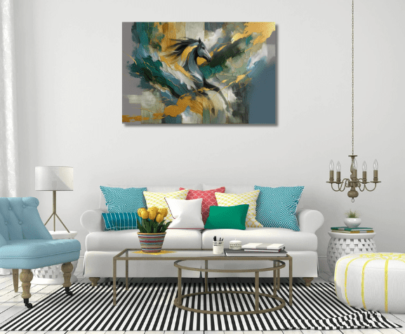 Living room with abstract horse painting.