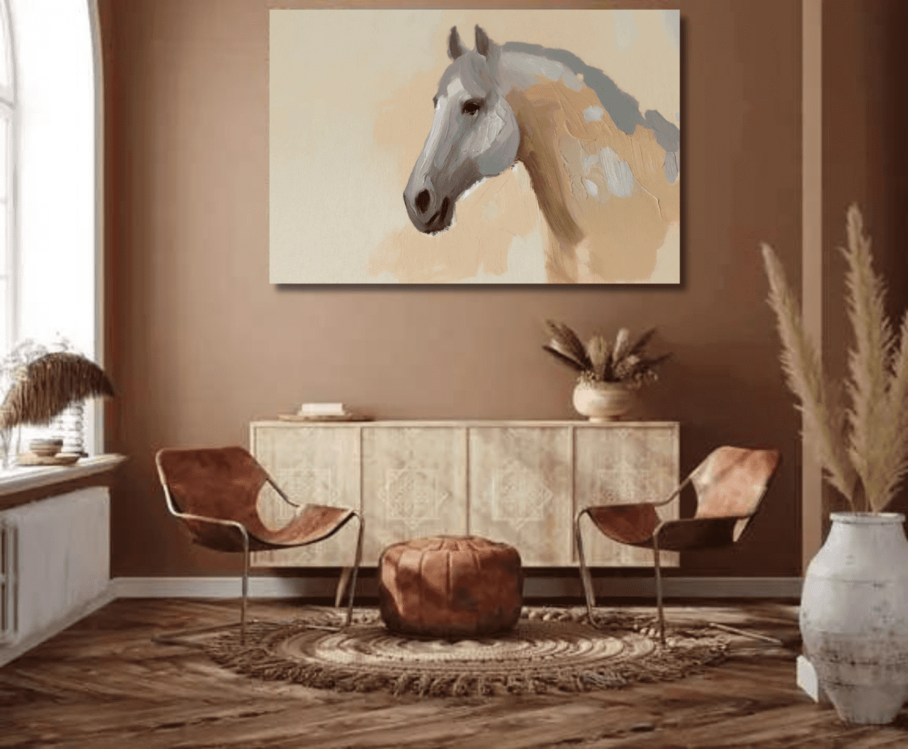 Living room with horse painting on wall.