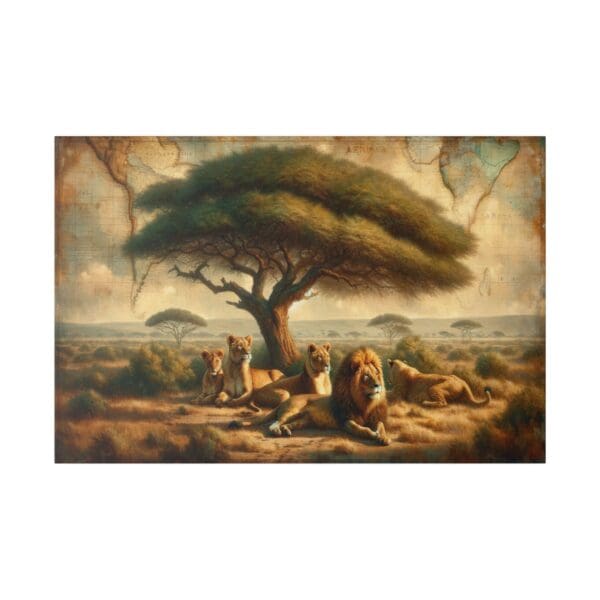 Pride of lions resting under an acacia tree.
