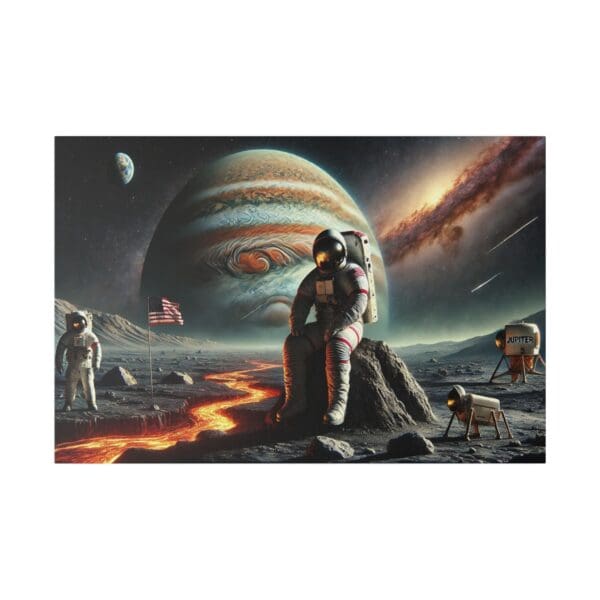 Astronaut on a rocky planet with Jupiter in the background.