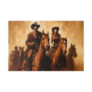 Cowboys riding horses in a western scene.