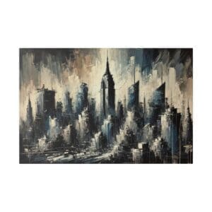 Abstract painting of a city skyline.