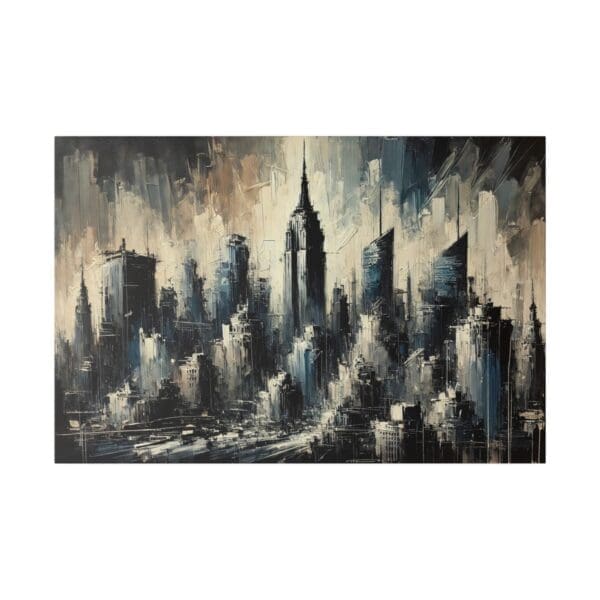 Abstract painting of a city skyline.