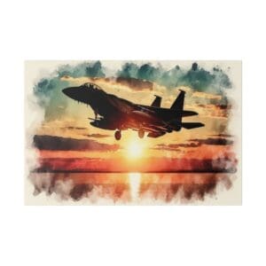 F-15E Eagle flying into sunset.
