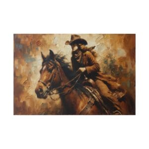 Cowboy riding horse in a rustic setting.