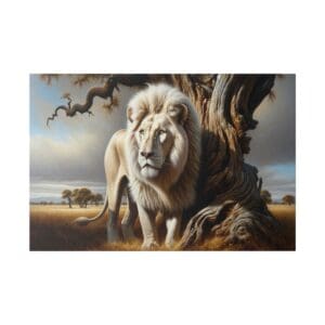 White lion standing near a tree in a savanna.