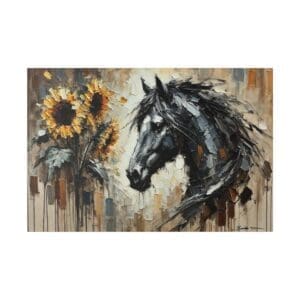 Black horse portrait with sunflowers.