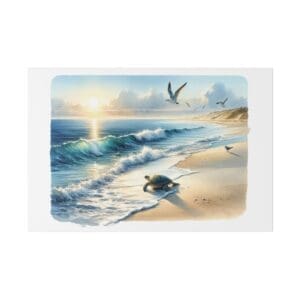 Sea turtle on beach at sunrise with birds flying.