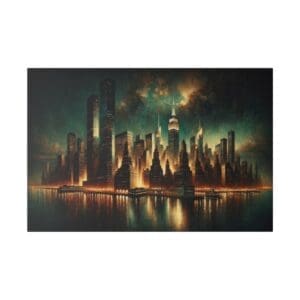 Nighttime cityscape with illuminated buildings.