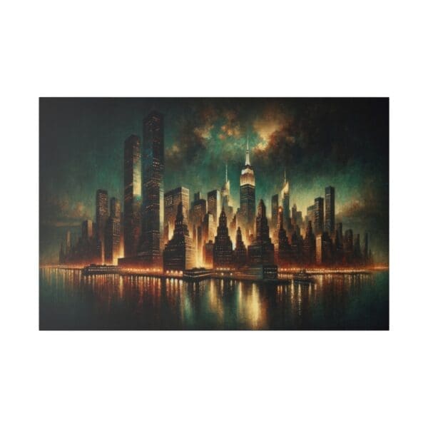 Nighttime cityscape with illuminated buildings.