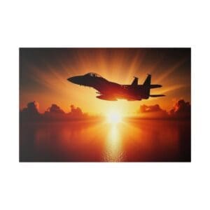 Silhouette of a fighter jet flying into the sunset.
