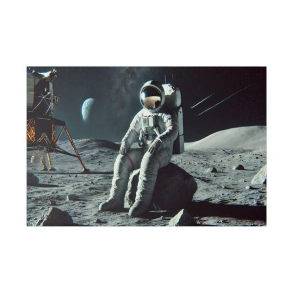 Astronaut sitting on moon with lunar module.