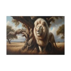 White lion standing near a tree in savanna.