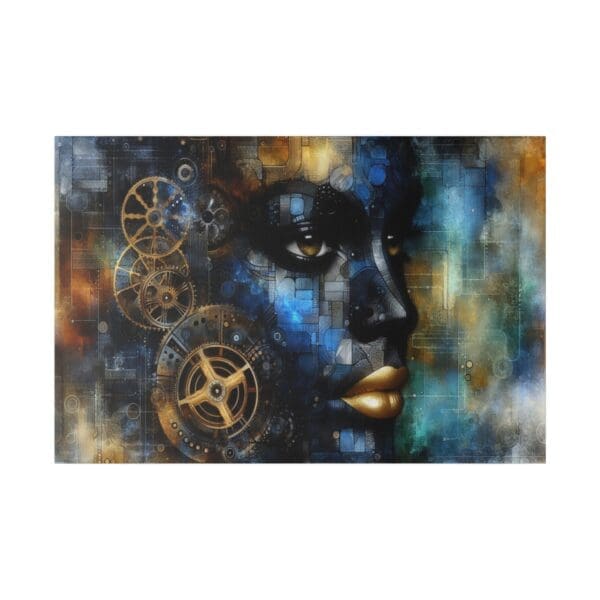 Abstract portrait with gears and gold lips.