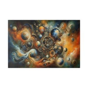 Surreal cosmic scene with planets and gears.