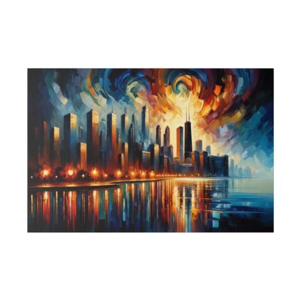 Chicago skyline painting with water reflection.
