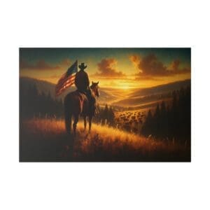 Cowboy riding horse with American flag at sunset.