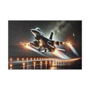 Fighter jet taking off at night.
