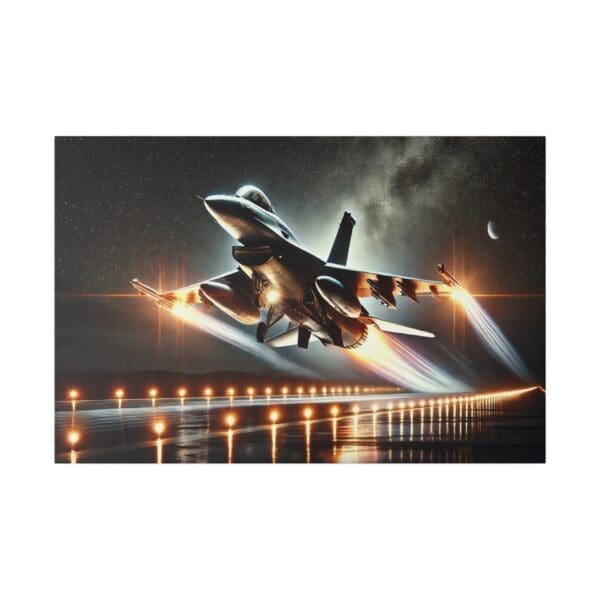 Fighter jet taking off at night.