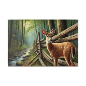 A deer stands by a fence in a forest.