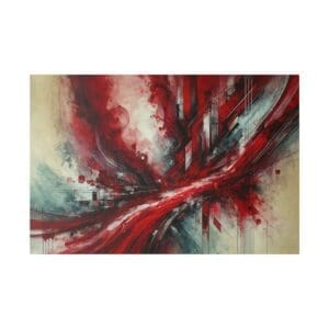 Abstract painting with red and gray hues.