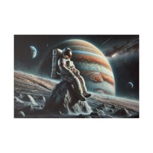 Astronaut sitting on rock with Jupiter in background.