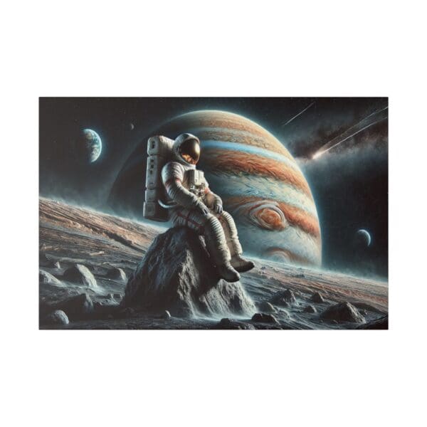 Astronaut sitting on rock with Jupiter in background.
