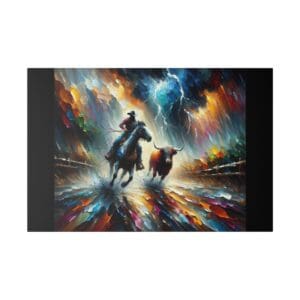 Cowboy herding bull in vibrant storm painting.