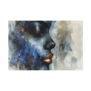 Abstract face with blue and gold splashes.
