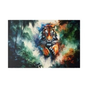 Tiger leaps through watercolor jungle.