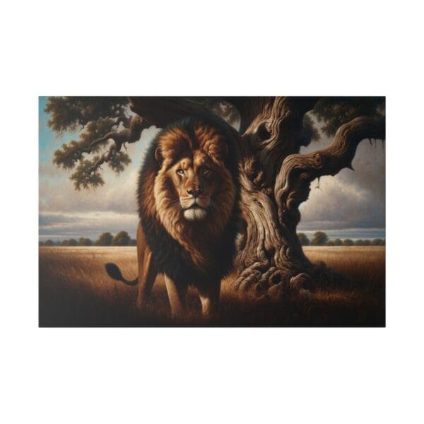 A majestic lion standing by a tree.