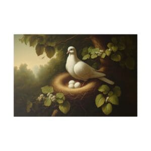 White dove nesting on eggs in a tree.