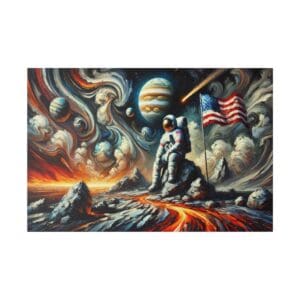Astronaut on a rocky planet with an American flag.