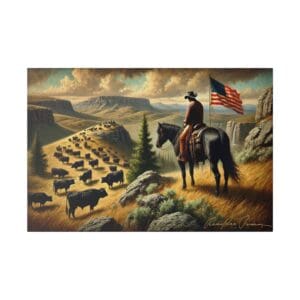Cowboy on horseback herding cattle, American flag.