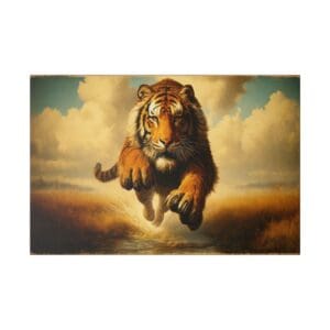 Tiger leaping over a stream in a landscape.