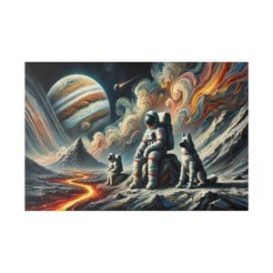 Two astronauts and a dog on an alien planet.
