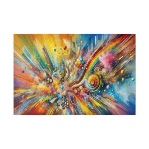 Abstract colorful painting with geometric shapes.