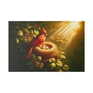 Cardinal on nest with eggs in sunlight.