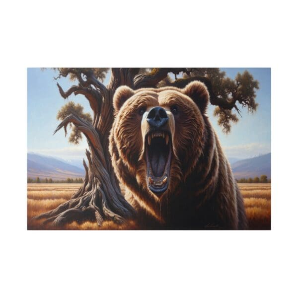 A brown bear roaring in a forest.