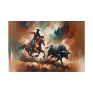 Cowboy on horseback lassoing a bull.
