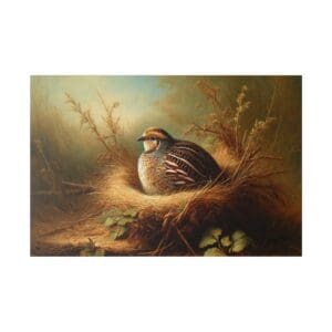 Quail sitting in a nest of hay.