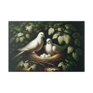 Two white doves in a nest with eggs.