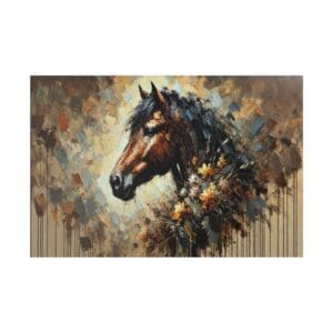 Painting of a brown horse with flowers.