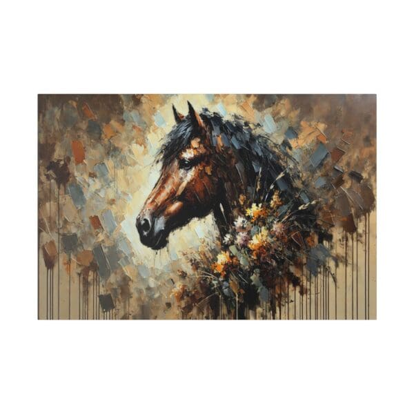 Painting of a brown horse with flowers.
