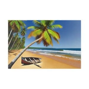Palm tree on a tropical beach with a boat.