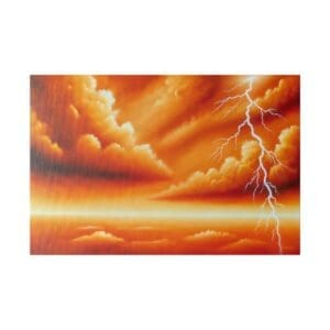 Orange sky with lightning strike painting.