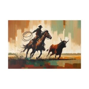 Cowboy on horseback lassoing a bull.