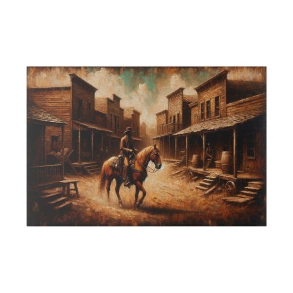 Cowboy riding horse in a Western town.