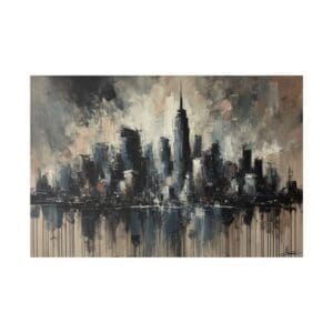 Abstract cityscape painting with tall buildings.